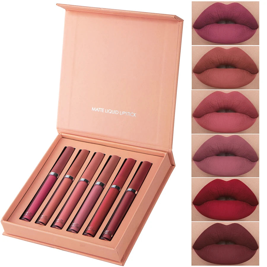 Matte Lip Gloss Collection: 6 Vibrant Shades of Long-Lasting, Waterproof, and Moisturizing Lipstick in Elegant Holiday Gift Box