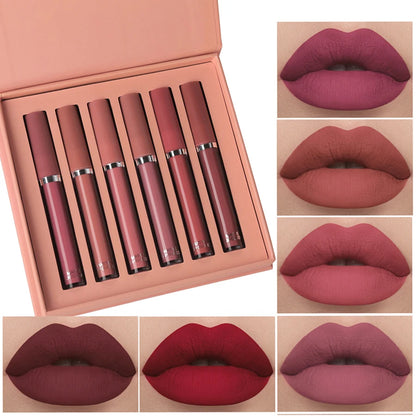 Matte Lip Gloss Collection: 6 Vibrant Shades of Long-Lasting, Waterproof, and Moisturizing Lipstick in Elegant Holiday Gift Box