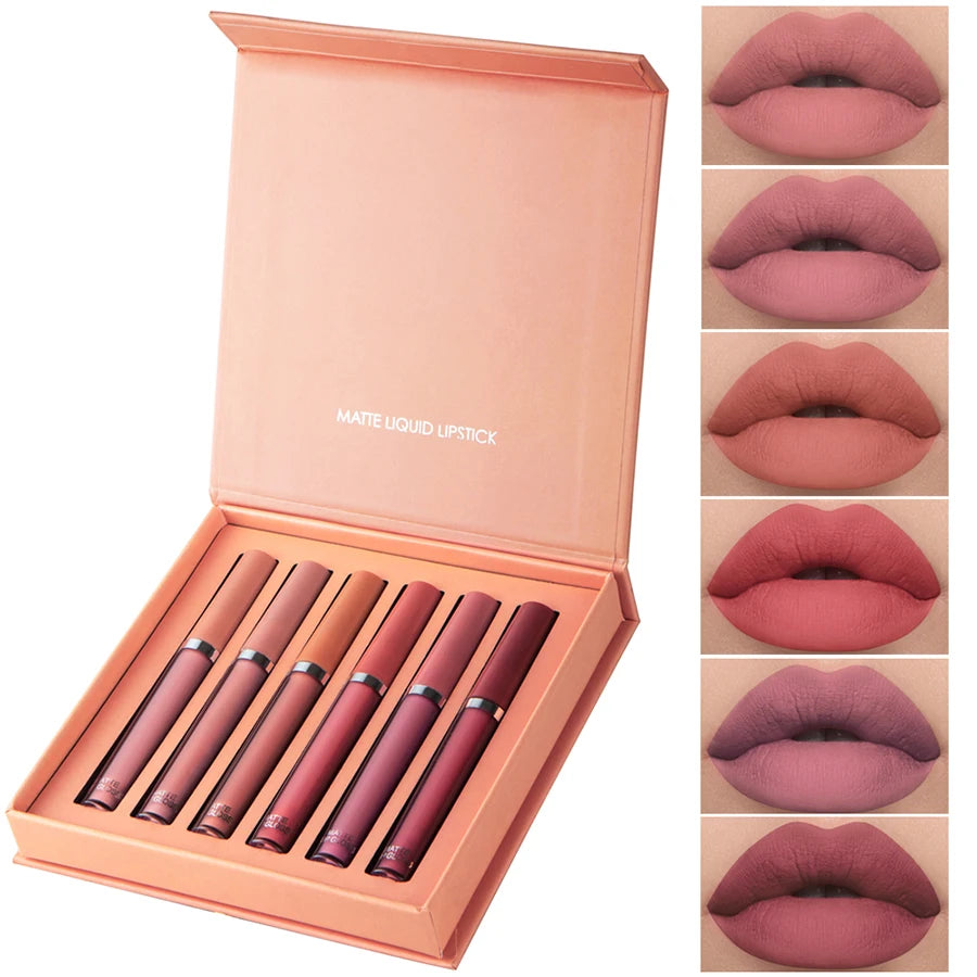 Matte Lip Gloss Collection: 6 Vibrant Shades of Long-Lasting, Waterproof, and Moisturizing Lipstick in Elegant Holiday Gift Box